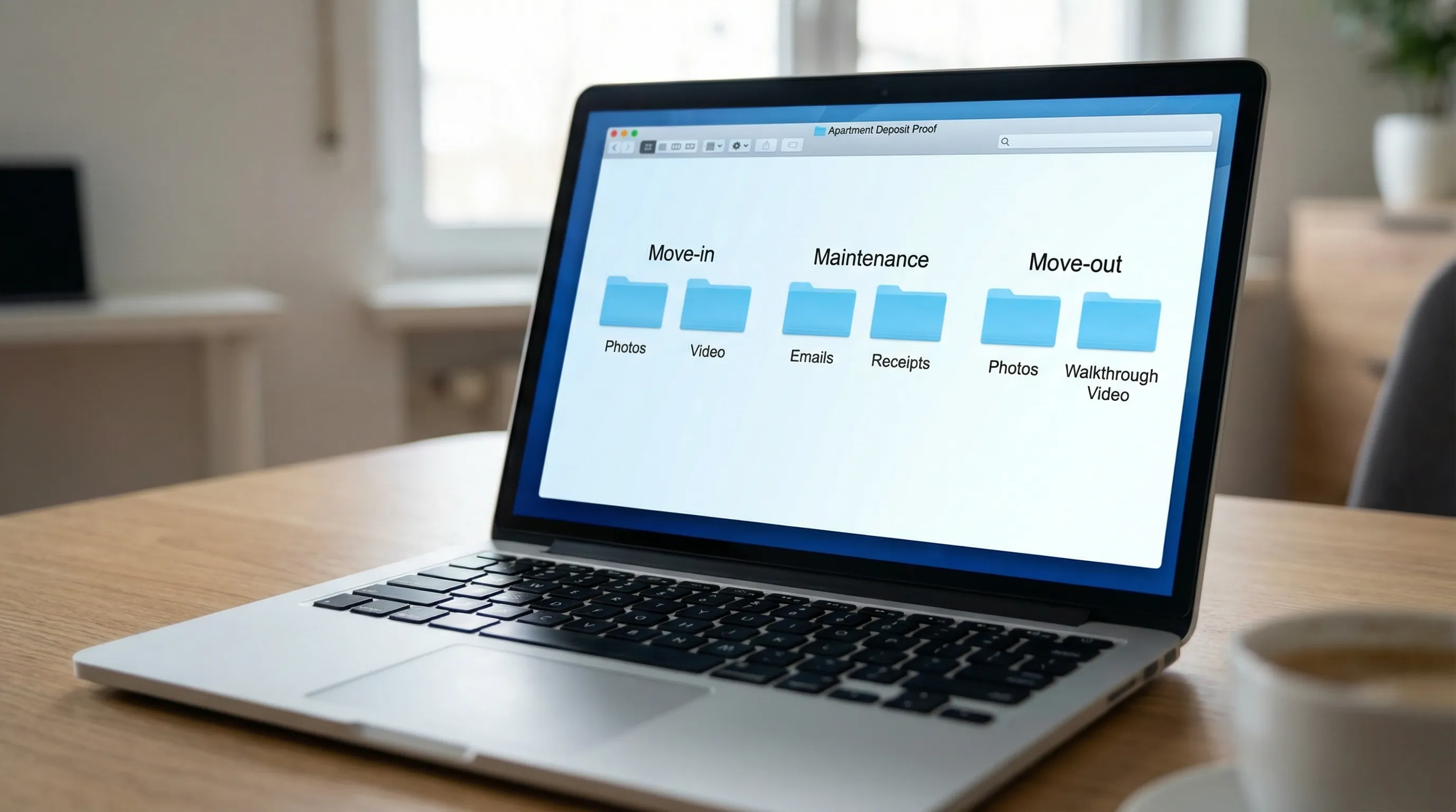 A simple folder structure on a laptop screen (screen facing the viewer correctly) labeled “Apartment Deposit Proof,” showing subfolders for Move-in (photos, video), Maintenance (emails, receipts), and Move-out (photos, walkthrough video). No personal information visible.