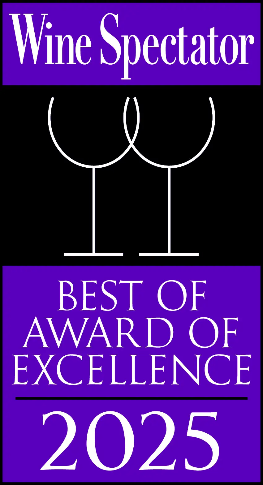 Wine Spectator Best of Award of Excellence 2025 logo with two intersecting wine glass outlines on a purple and black background.