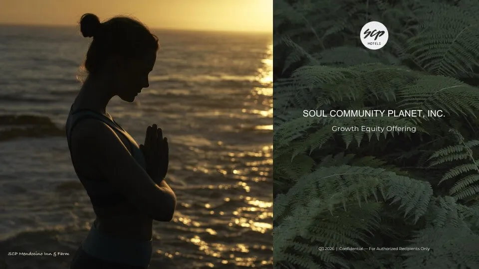 Title slide: Soul Community Planet, Inc. Growth Equity Offering, with a guest in prayer pose at sunset.