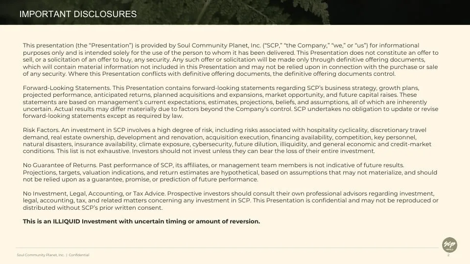 Important Disclosures slide from the SCP investor presentation, covering forward-looking statements and risk factors.