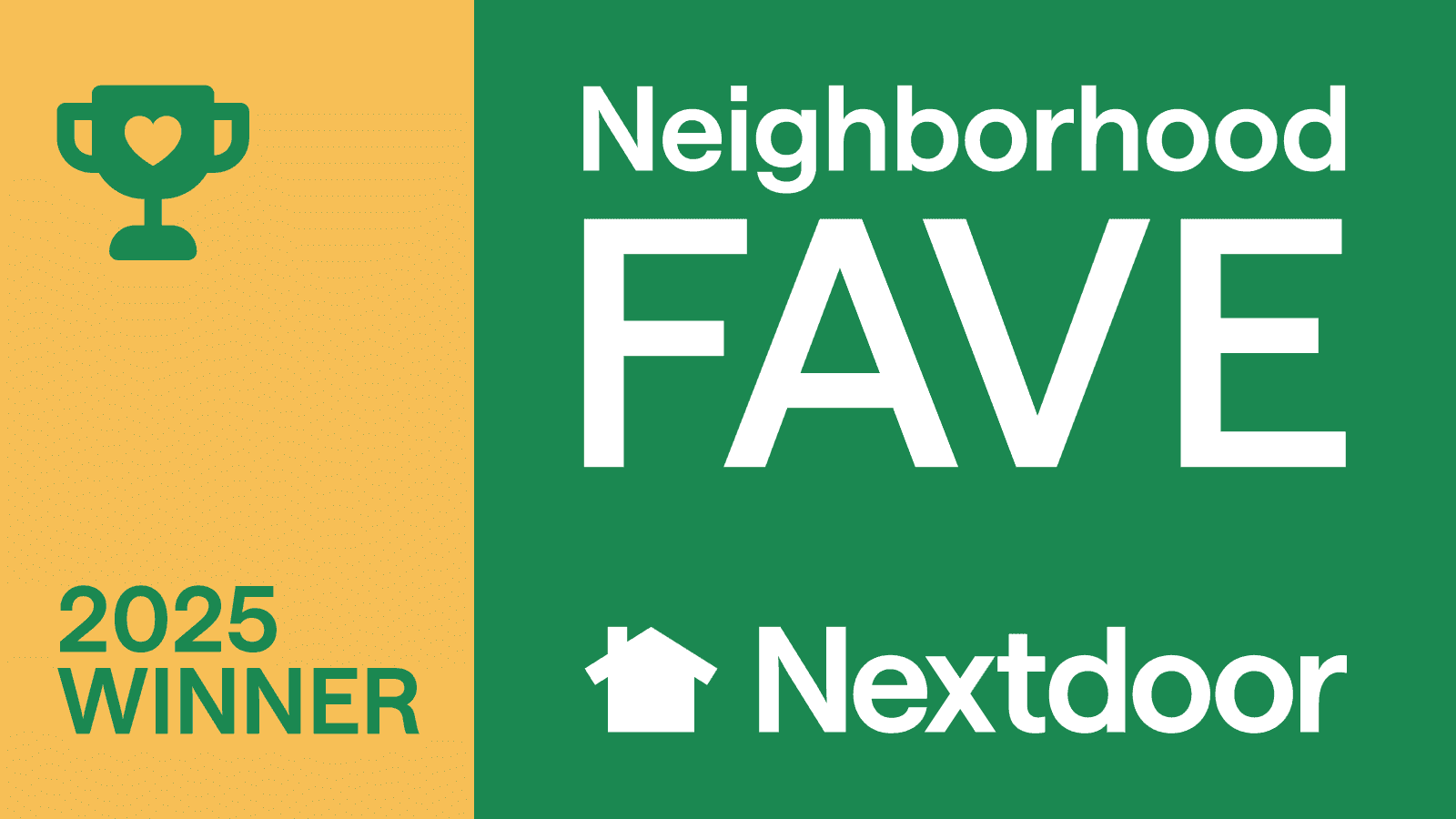 2025 Winner Neighborhood FAVE badge from Nextdoor with a trophy icon featuring a heart.