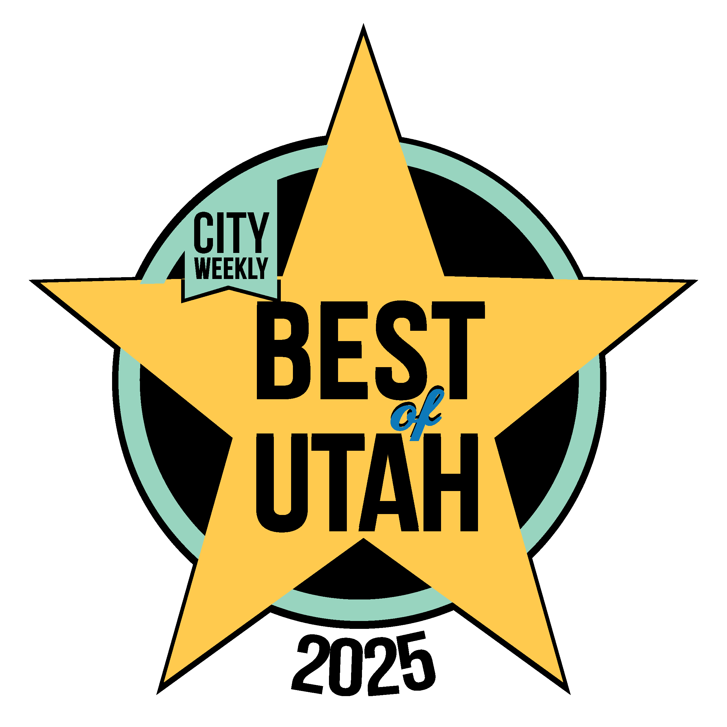 Yellow star with a teal ring and the text 'City Weekly Best of Utah' inside.
