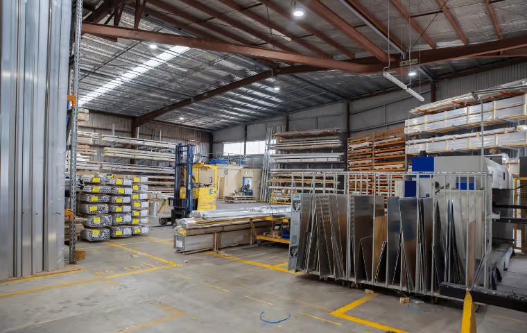 Interior of a large warehouse with metal sheets and materials organized on racks and pallets under a high ceiling with exposed beams.