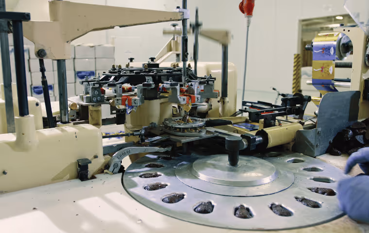 Close-up of an industrial packaging machine with rotating metal parts and a gloved hand operating it.
