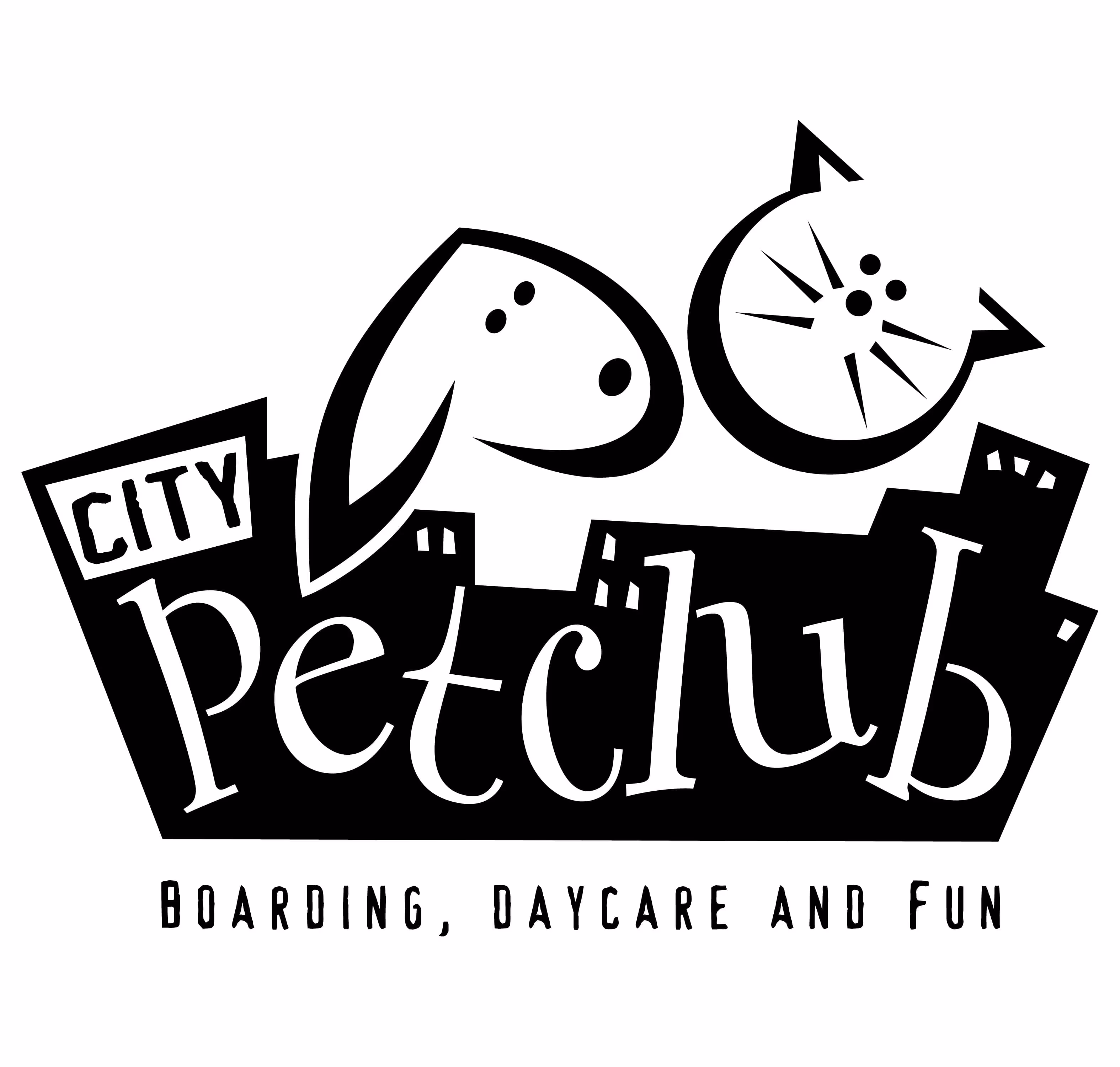City Pet Club logo with stylized black silhouettes of a dog and a cat above the text, and tagline 'Boarding, Daycare and Fun'.