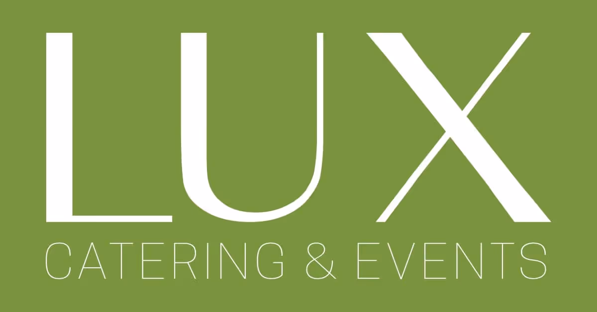 Logo for LUX Catering & Events with white text on a green background.