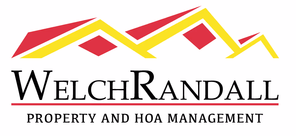 Welch Randall logo featuring stylized red and yellow rooftops above the text 'Welch Randall' with the tagline 'Property and HOA Management' underneath.