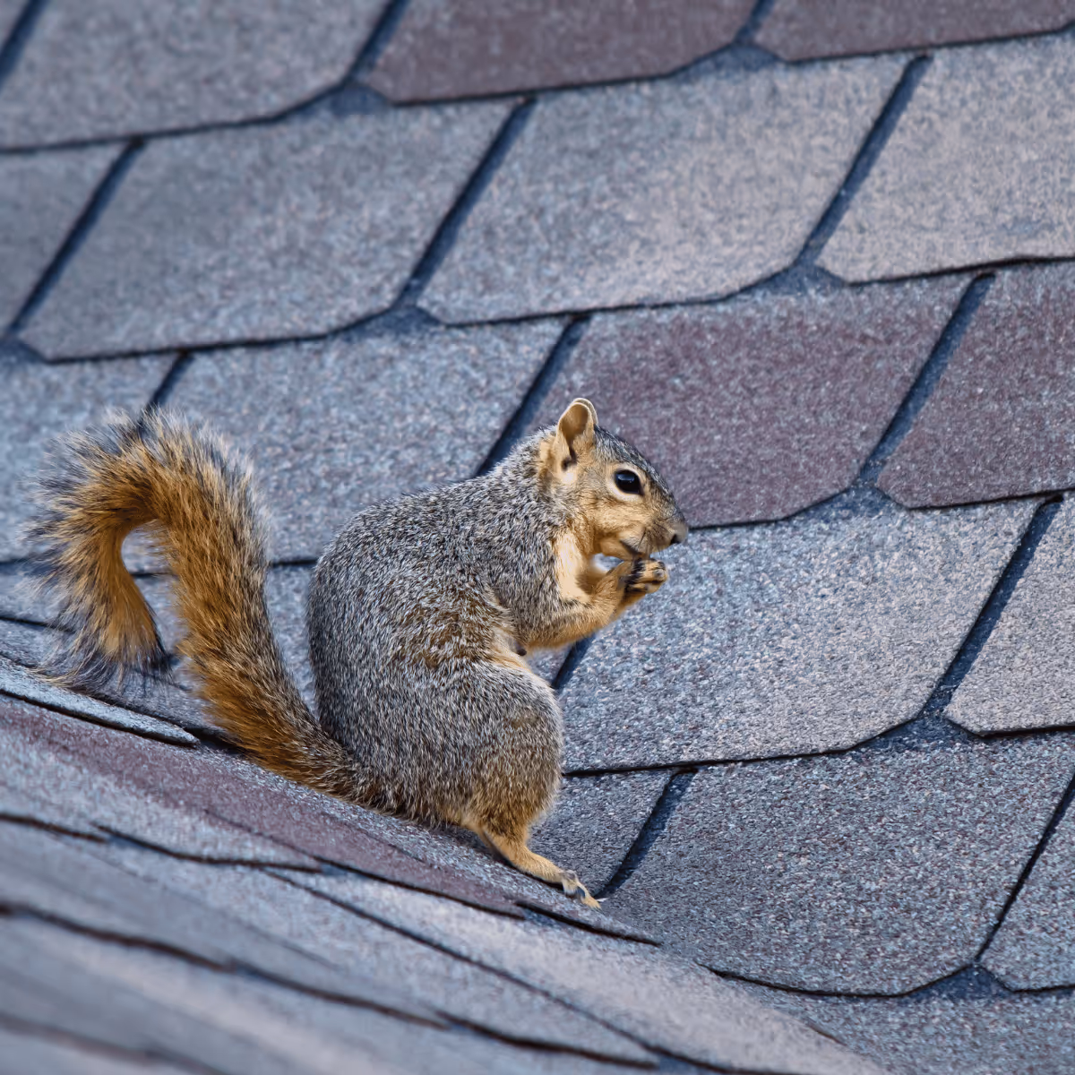 Gray squirrel with bushy tail sitting on gray shingled roof eating a nut.