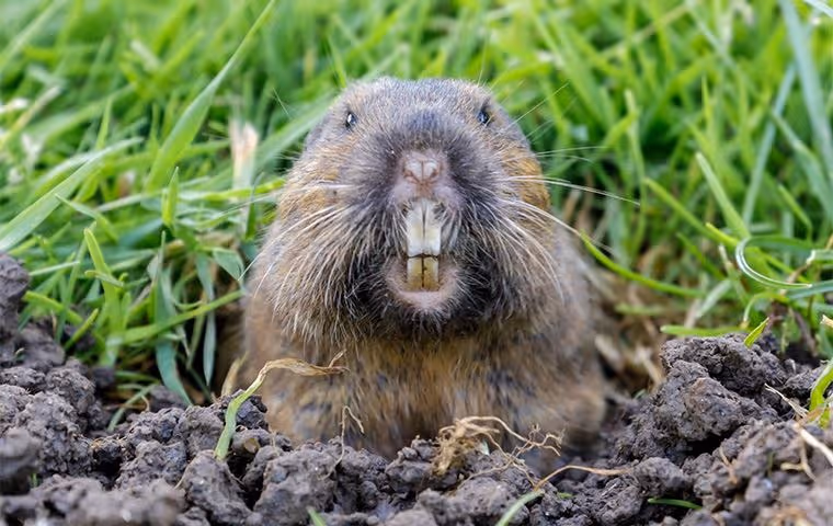 Close-up of a gopher emerging from a hole in the soil with green grass in the background.