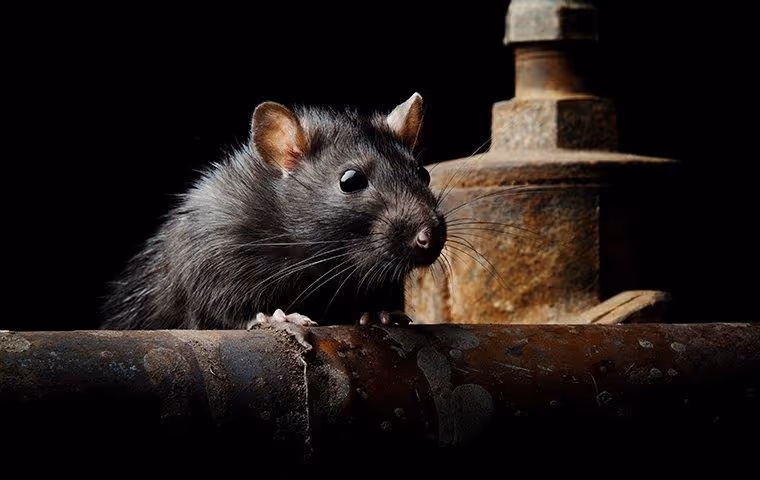 Close-up of a black rat peeking over a rusty metal pipe against a dark background.