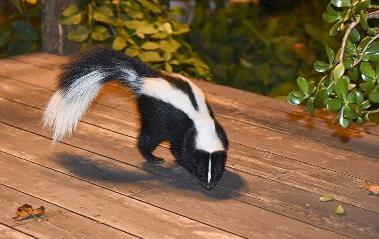 A skunk with distinctive black and white stripes walking on wooden planks outdoors near green foliage.