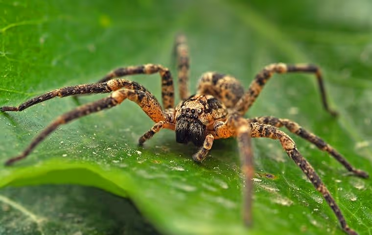 Close-up of a brown and black spider with multiple eyes on a green leaf.