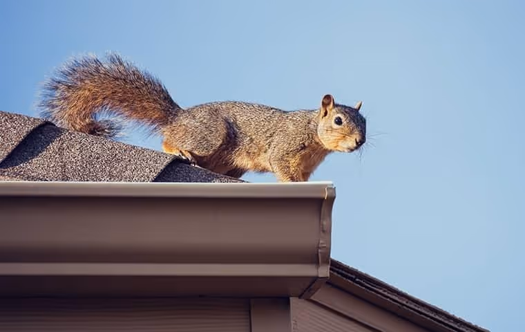 Gray squirrel standing on the edge of a rooftop gutter against a clear blue sky.