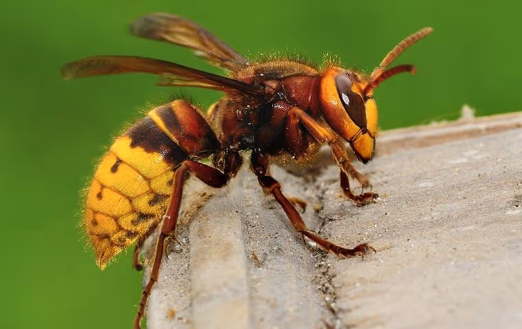 Close-up of a large hornet with yellow and reddish-brown body perched on a wooden surface against a green background.