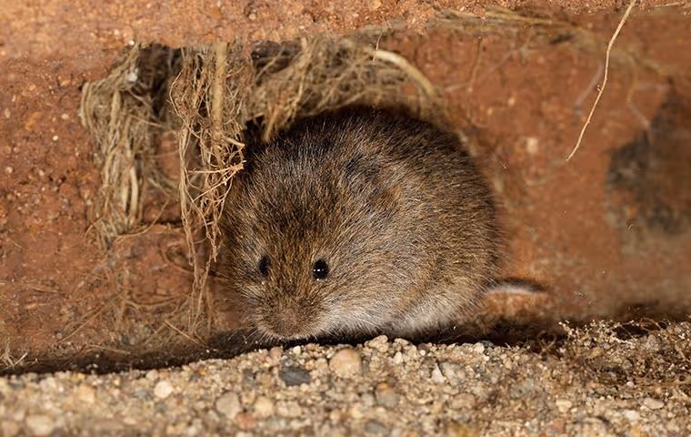 Small brown vole sitting on soil near the entrance to its burrow.