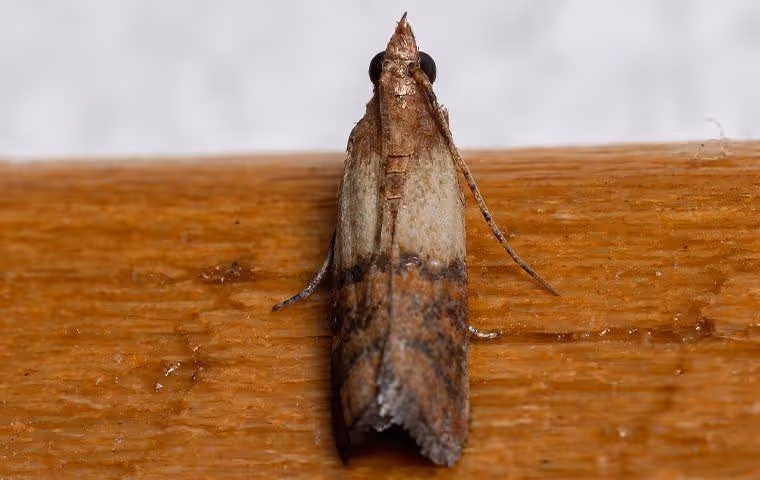 Close-up of a small brown and gray moth resting on a wooden surface.