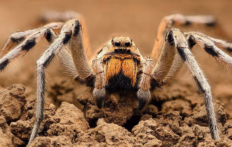 Close-up of a hairy spider with orange and black markings on its face standing on dry, cracked soil.