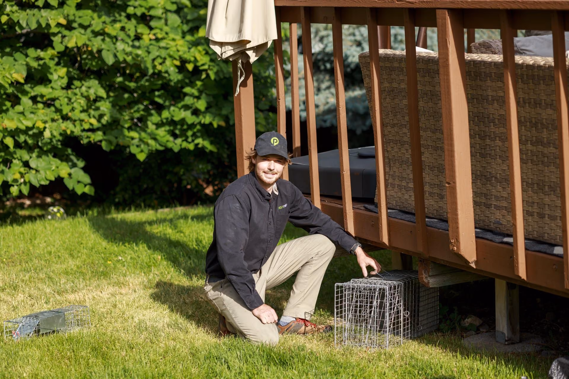 Pest Pro technician setting a wildlife trap under a backyard deck in Utah