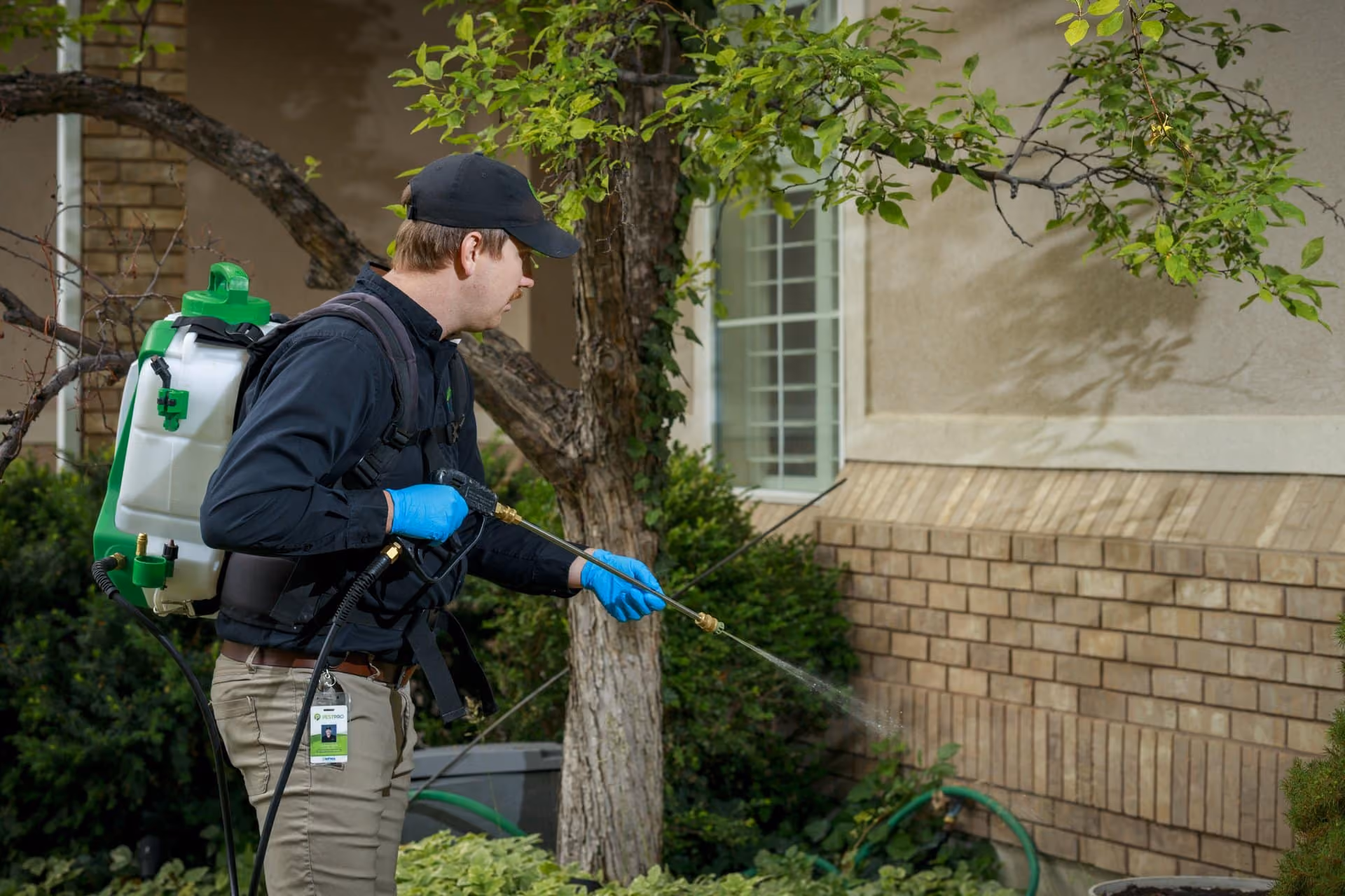 Salt Lake City pest control technician treating the base of a tree in a backyard