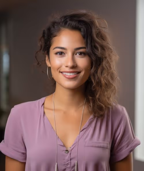 A woman with curly hair wearing a purple shirt smiles at the camera.