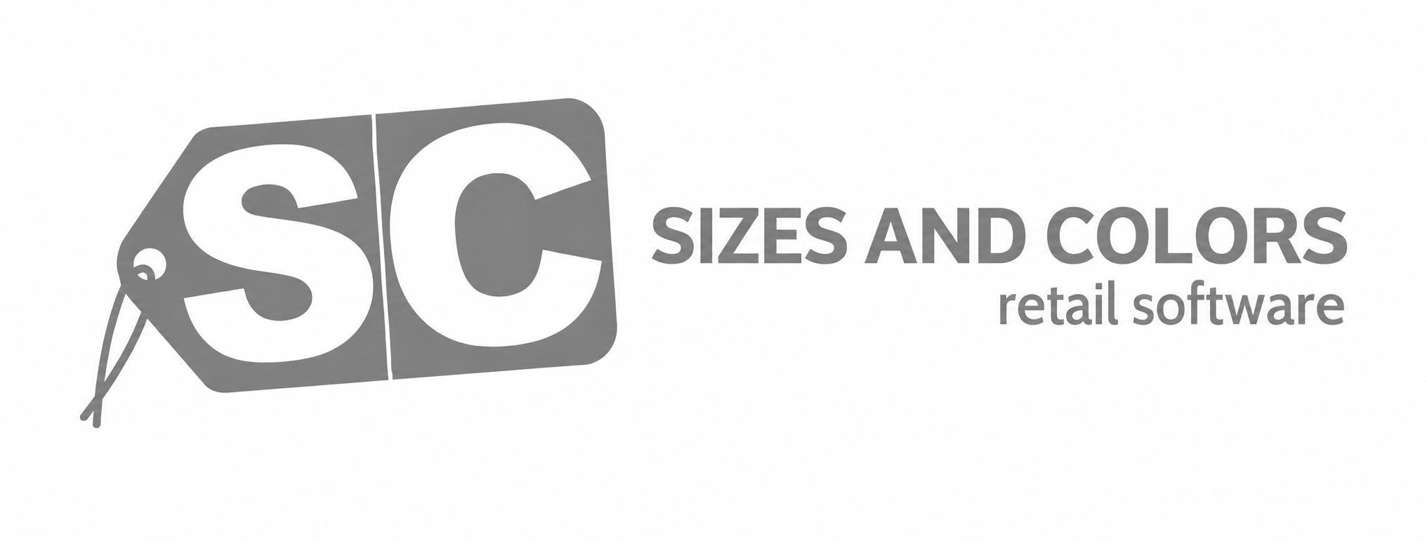 Logotipo en el que aparecen dos etiquetas oscuras con las letras S y C en blanco, seguidas del texto SIZES AND COLORS retail software en gris.