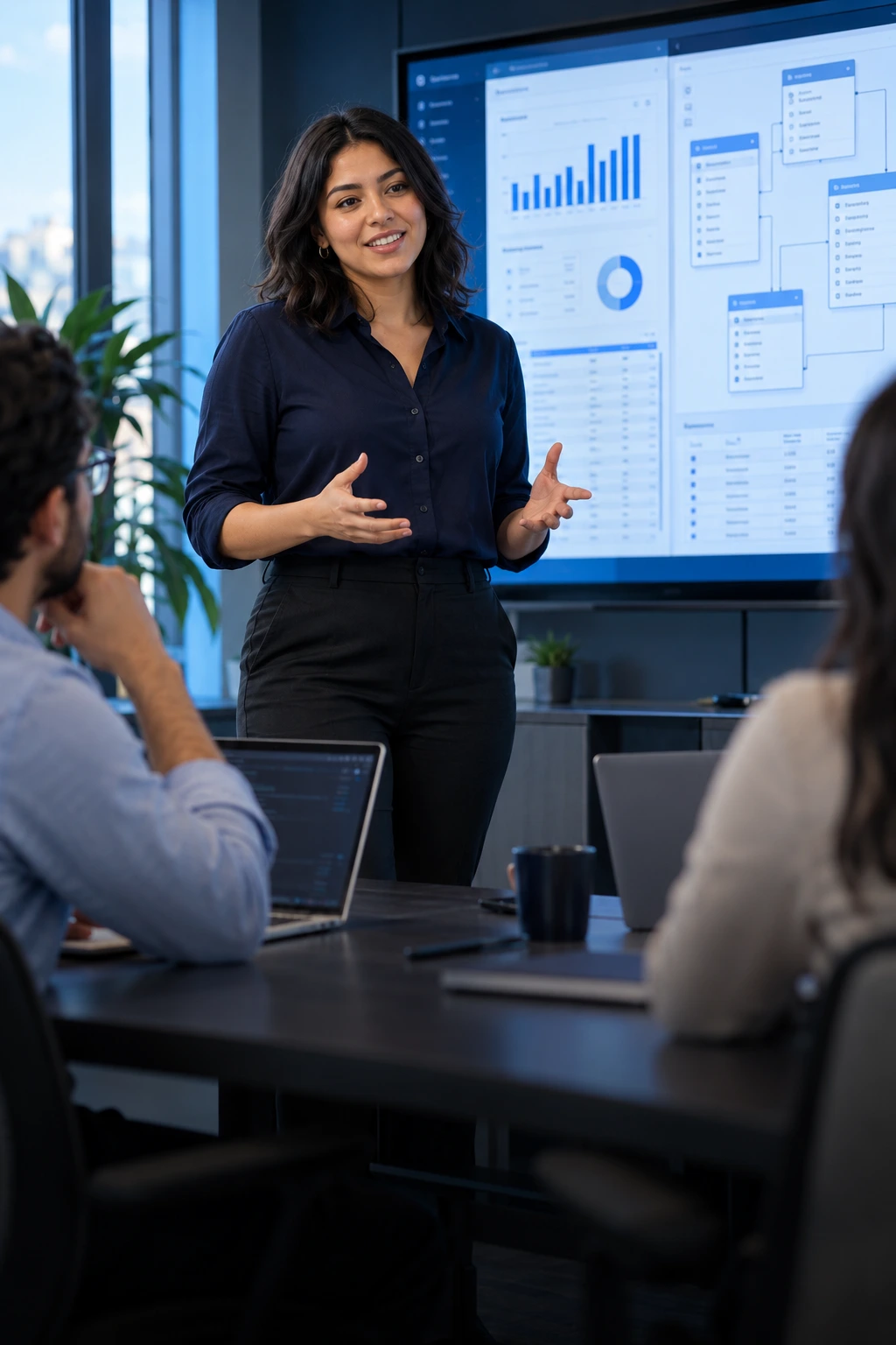 Una mujer de negocios con una camisa azul oscuro muestra gráficos de datos y diagramas de bases de datos en una pantalla gigante a sus compañeros de trabajo en una moderna sala de reuniones de una oficina.