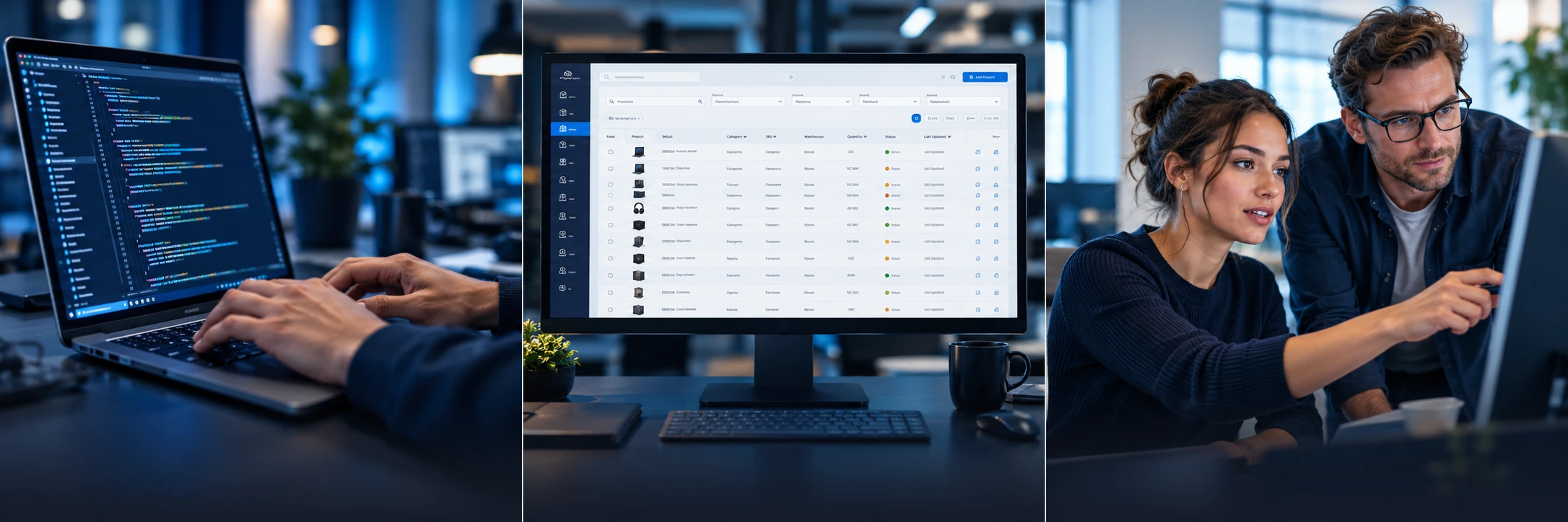 Imagen dividida en tres partes que muestra el trabajo en el ámbito tecnológico: a la izquierda, unas manos tecleando código en un ordenador portátil; en el centro, un monitor de sobremesa en el que se ve un panel de control de gestión de inventario; a la derecha, una mujer y un hombre colaborando mientras miran la pantalla de un ordenador.