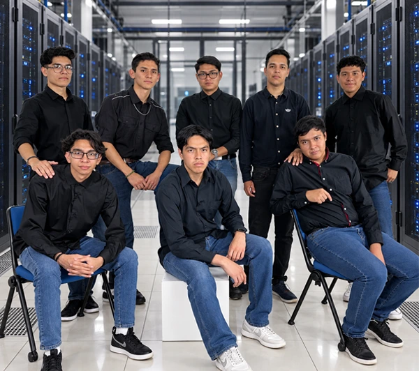 Jóvenes que representan a la primera generación de dora que posan en una sala de servidores, con filas de servidores y luces azules a ambos lados.