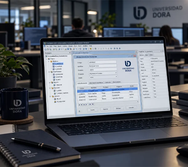 Un ordenador portátil sobre el escritorio de una oficina en el que se ve la interfaz de un programa con la imagen corporativa de la Universidad Dora, que muestra un sistema de gestión de datos de los estudiantes que incluye datos personales, información académica y campos de estado. Cerca hay una taza de la Universidad Dora y un cuaderno con el logotipo de la universidad junto a un bolígrafo, con un entorno de oficina y personas trabajando en un fondo difuminado.