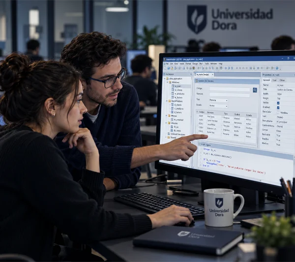 Dos personas en un entorno de oficina trabajan juntas frente a un ordenador; una de ellas señala la pantalla, en la que se ve código de software y la interfaz de una base de datos; sobre el escritorio hay una taza y una carpeta con el logotipo de la Universidad Dora.