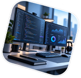 Espacio de trabajo moderno con dos monitores grandes en los que se muestran código y gráficos de análisis de datos, un teclado y un ratón sobre el escritorio, y el perfil urbano de la ciudad visible a través de la ventana.