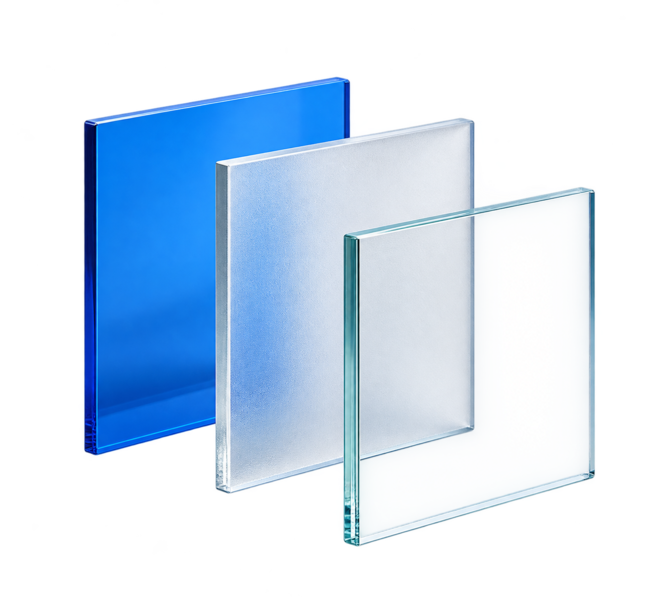 Three square glass panels standing upright, shown side by side with the left one blue and opaque, the middle one frosted and translucent, and the right one clear and transparent.