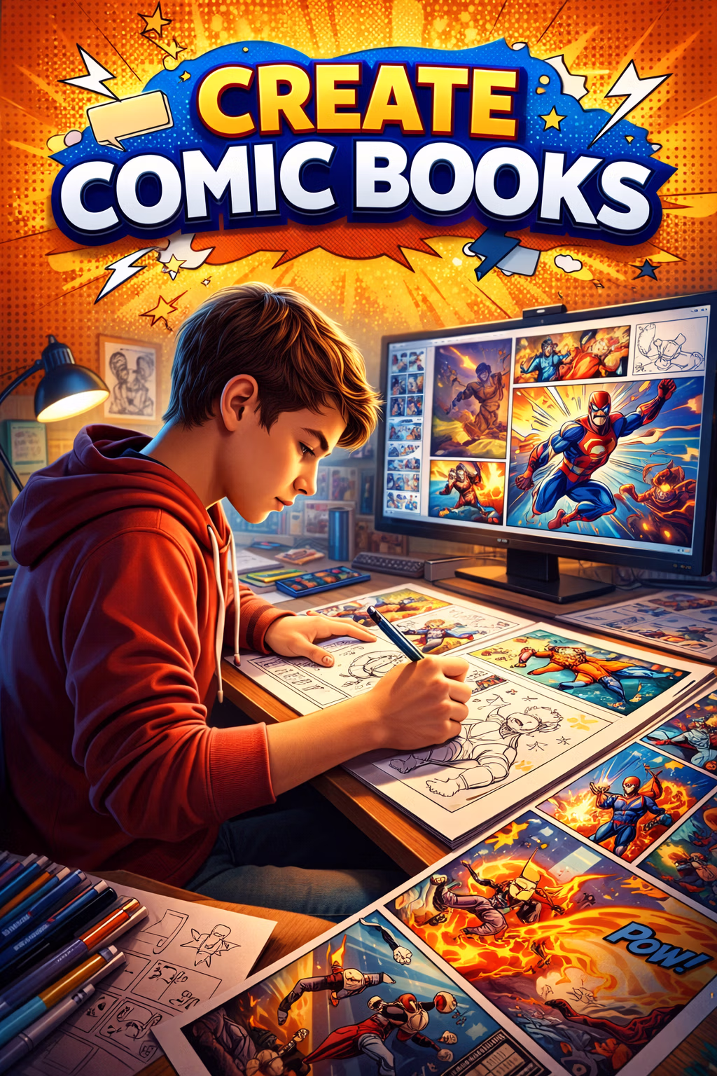 Young artist in a red hoodie drawing comic book characters at a desk with colorful superhero art on computer and paper.