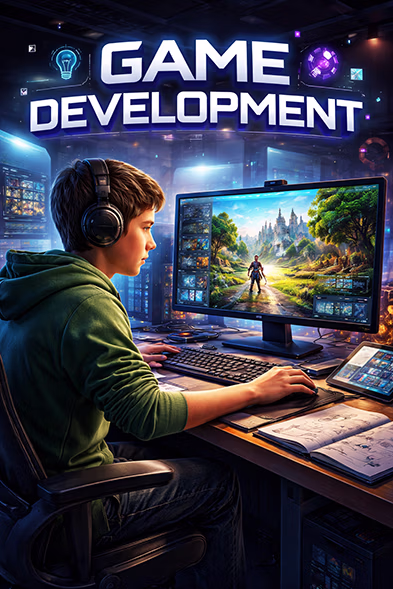 Young person wearing headphones working on game development at a computer with a fantasy landscape on screen and drawings on the desk.