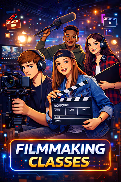 Four diverse young filmmakers collaborating on a set with camera, clapperboard, and boom microphone around glowing lights.