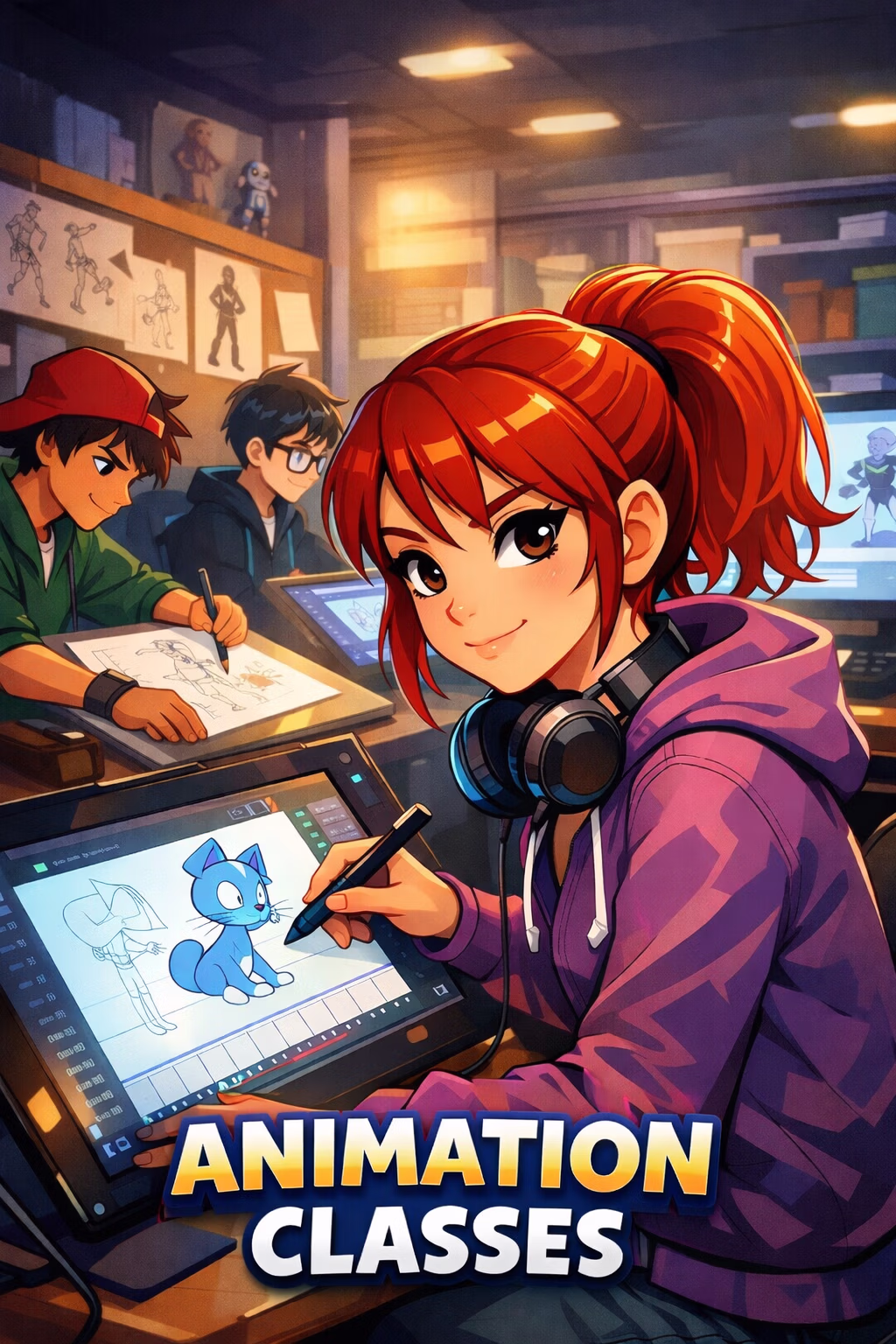 Young red-haired woman with headphones using a tablet to draw a blue cartoon cat, while two other students sketch and work on computers in an animation classroom.