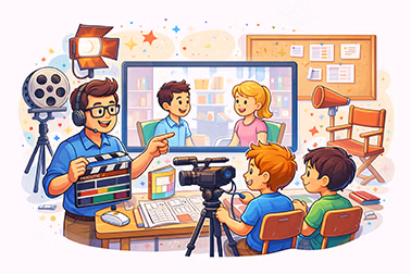 Illustration of a film crew with a director, cameraman, and two children being filmed in a studio setup with lighting and director's chair.