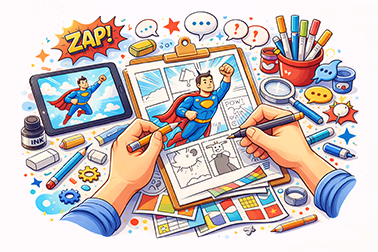 Illustration of hands drawing a superhero comic strip with art supplies, a tablet showing the superhero, and speech bubbles around.