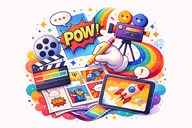 Colorful digital illustration featuring film reel, clapperboard, comic-style 'POW!' text, video camera, tablet with rocket, and hand drawing with pencil.