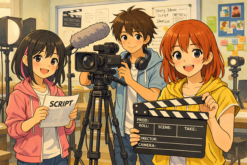 Three young people in a film studio: one holding a script, one operating a video camera, and one holding a clapperboard.