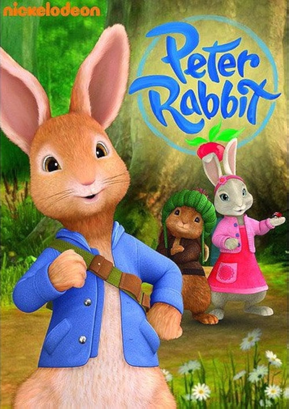 Peter Rabbit in a blue jacket standing confidently in a forest with two other rabbits, one in a green hat and the other in a pink dress and coat, under the Peter Rabbit logo.