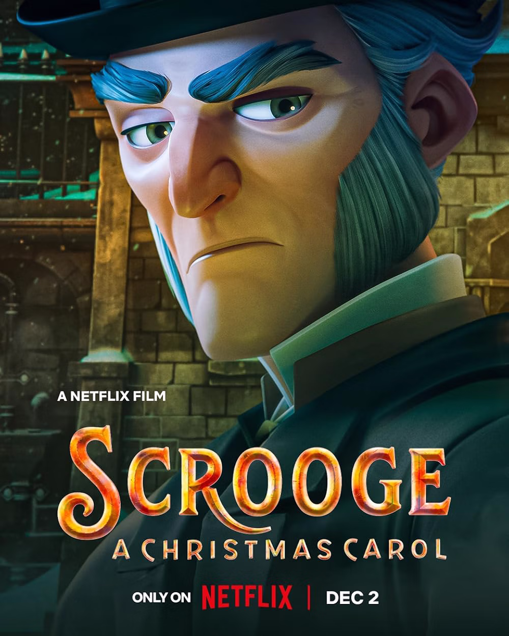 Close-up of animated character Ebenezer Scrooge with blue eyebrows and sideburns, from the Netflix film Scrooge: A Christmas Carol.