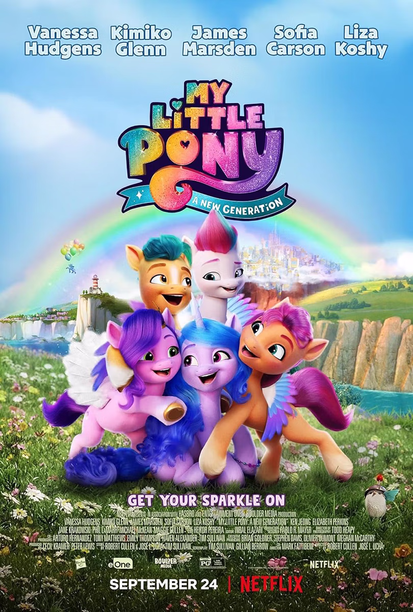 Poster of My Little Pony: A New Generation showing five colorful pony characters in a grassy field with a rainbow and castle in the background, with cast names and Netflix release date.