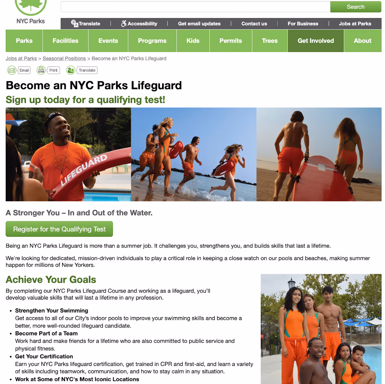 Group of NYC Parks lifeguards in orange uniforms at a pool