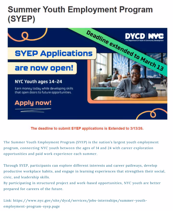 NYC DYCD Summer Youth Employment Program flyer applications open deadline March 13