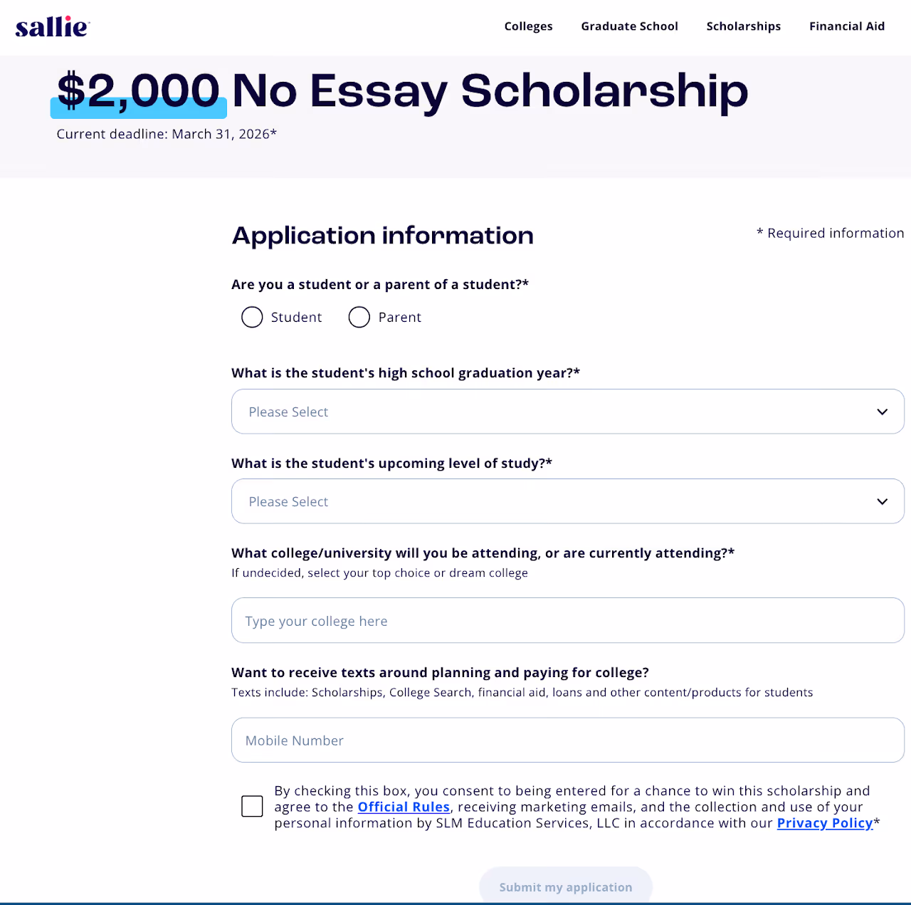 Sallie Mae two thousand dollar no essay scholarship application form