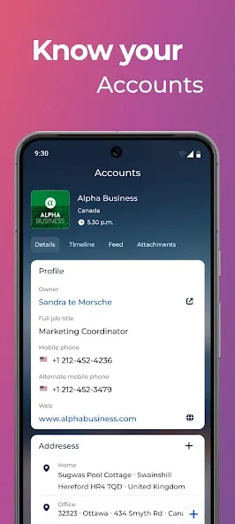 Mobile phone screen showing an account profile for Alpha Business with contact information including owner Sandra te Morsche and addresses.