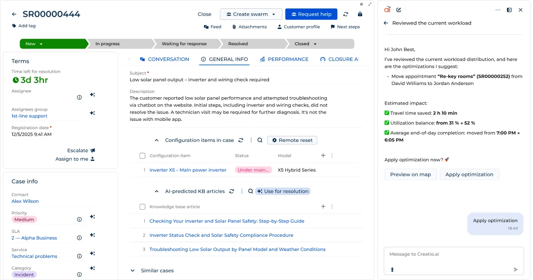 A l'interfaccia di assistenza clienti con ID SR00000444 su un output di panel solare basso richiede una controllo di invertor e cablaggio, la progressione del caso, termini, informazioni del caso, articoli di base di conoscimento AI previsibile e un conversazione chatbot per ottimizzazione del carico.