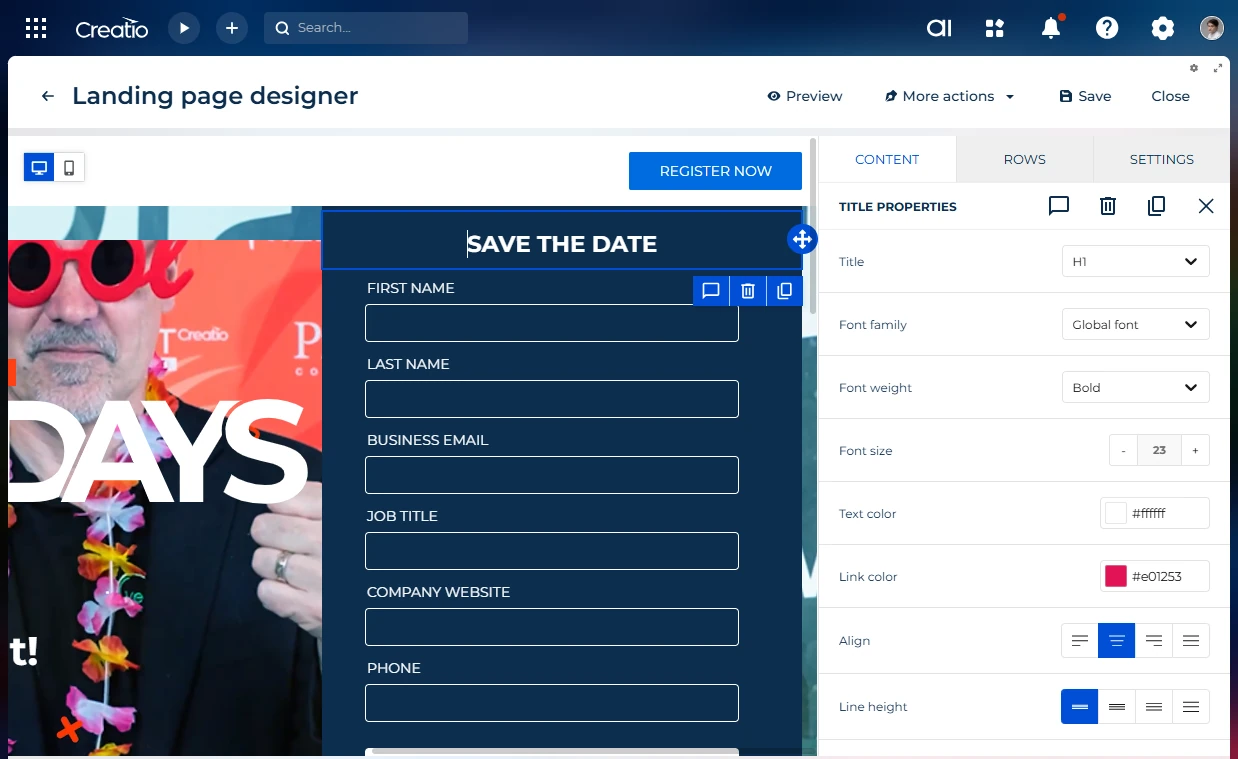 Screenshot of Creatio landing page designer interface showing a form titled 'Save the Date' with fields for first name, last name, business email, job title, company website, and phone, alongside content editing options.