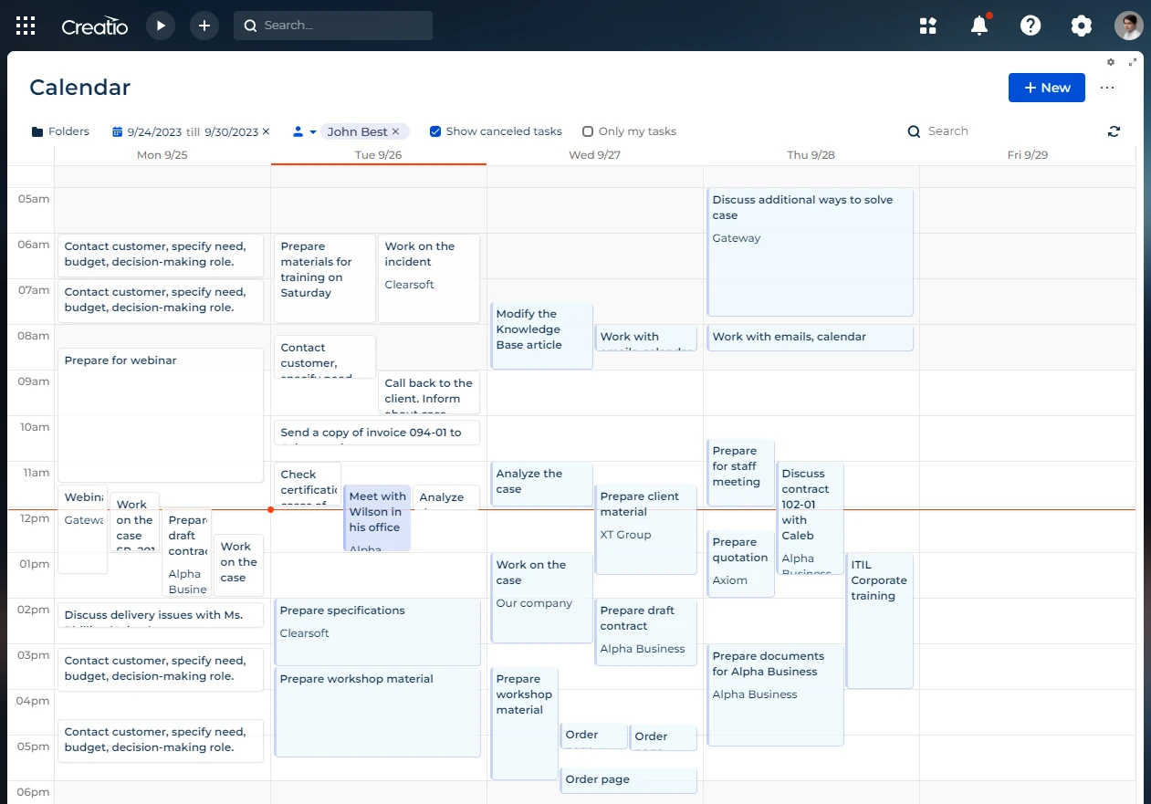 Digital calendar interface showing tasks and meetings scheduled for the week of September 24 to 29, 2023, for user John Best, including events like preparing materials, contacting customers, analyzing cases, and corporate training.